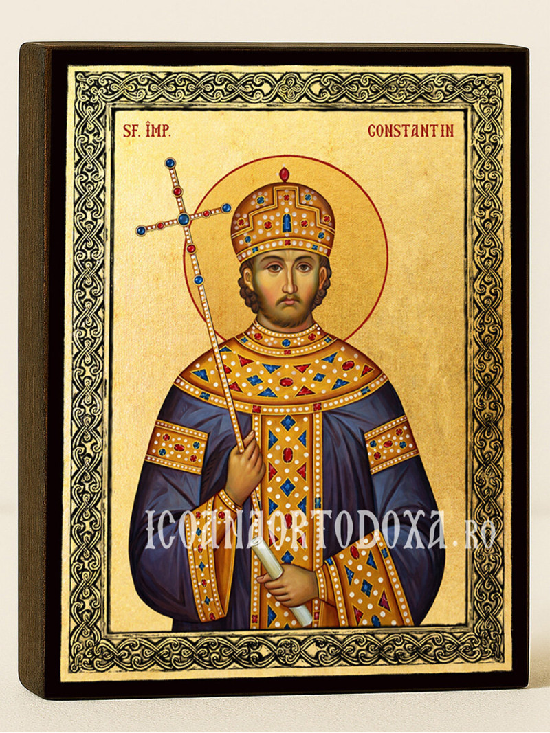 Icoană aurită cu Sfântul Constantin și ramă decorativă