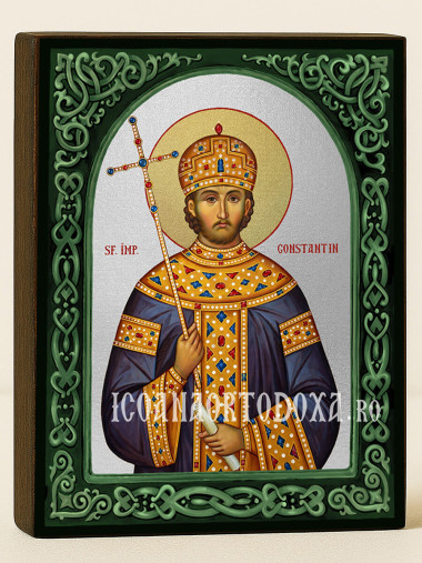 Icoană cu Sfântul Constantin cu arc floral verde și fundal argintiu