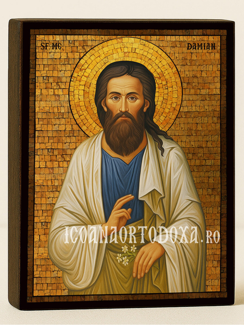 Icoană cu Sfântul Damian cu mozaic auriu decorativ