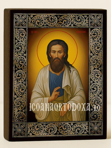 Icoană cu Sfântul Damian cu ramă florală decorativă