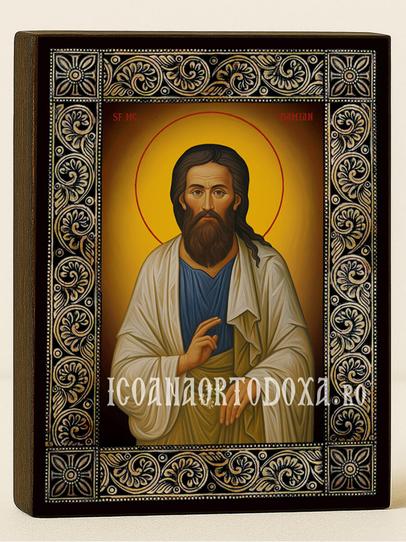 Icoană cu Sfântul Damian cu ramă florală decorativă