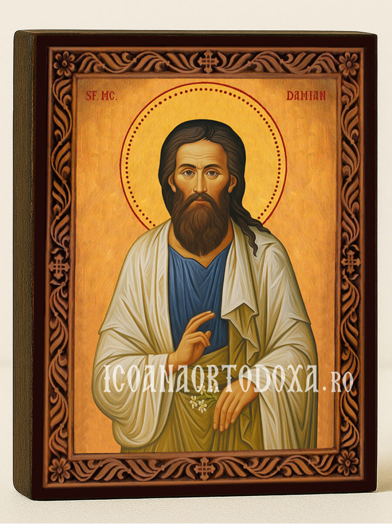 Icoană cu Sfântul Damian cu ramă decorativă stil sculptat