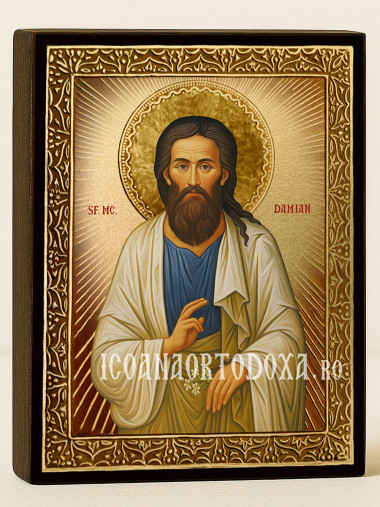 Icoană cu Sfântul Damian cu raze aurii decorative