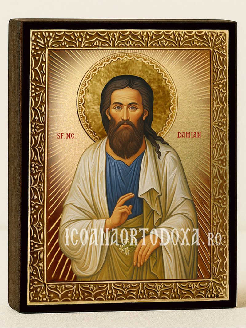 Icoană cu Sfântul Damian cu raze aurii decorative