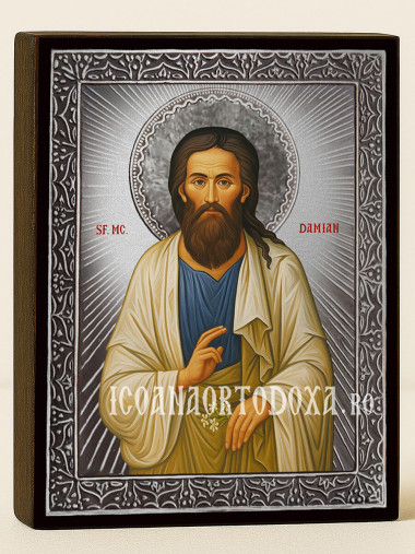 Icoană cu Sfântul Damian cu raze argintii decorative