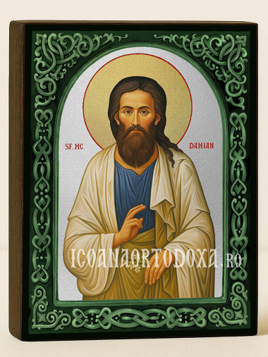 Icoană cu Sfântul Damian cu arc floral verde și fundal argintiu