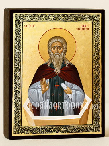 Icoană aurită cu Sfântul Daniel Stâlpnicul și ramă decorativă