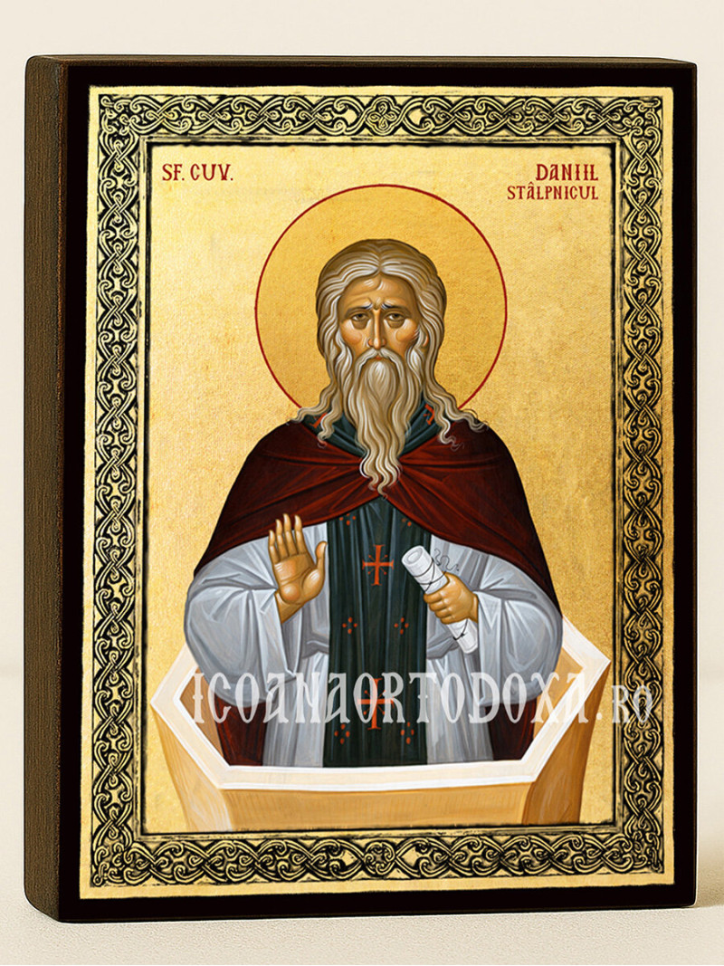 Icoană aurită cu Sfântul Daniel Stâlpnicul și ramă decorativă
