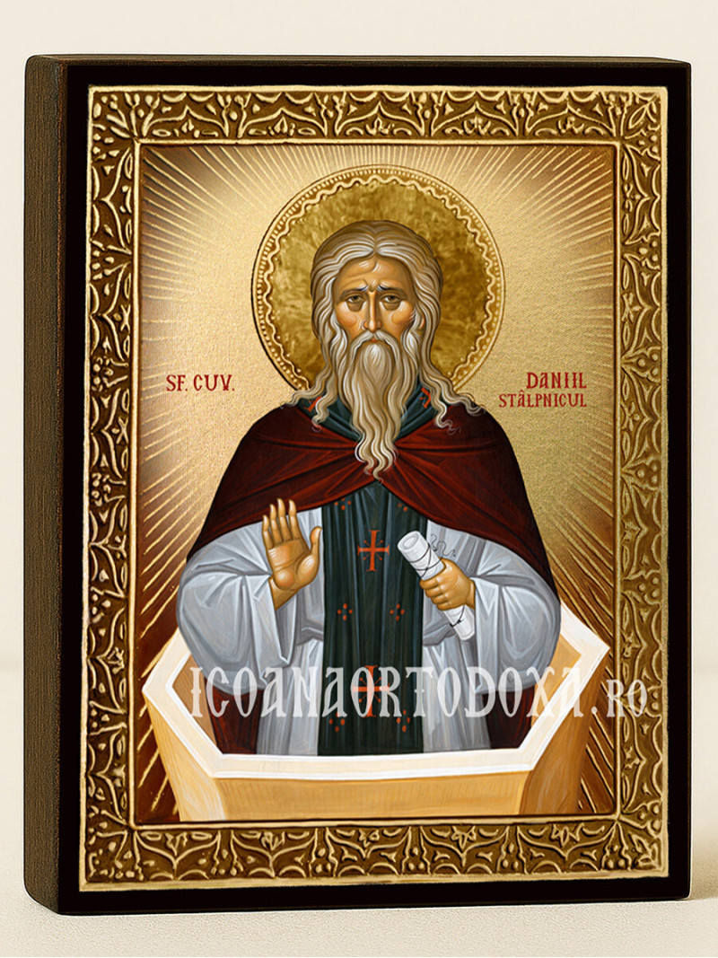 Icoană cu Sfântul Daniel Stâlpnicul cu raze aurii decorative