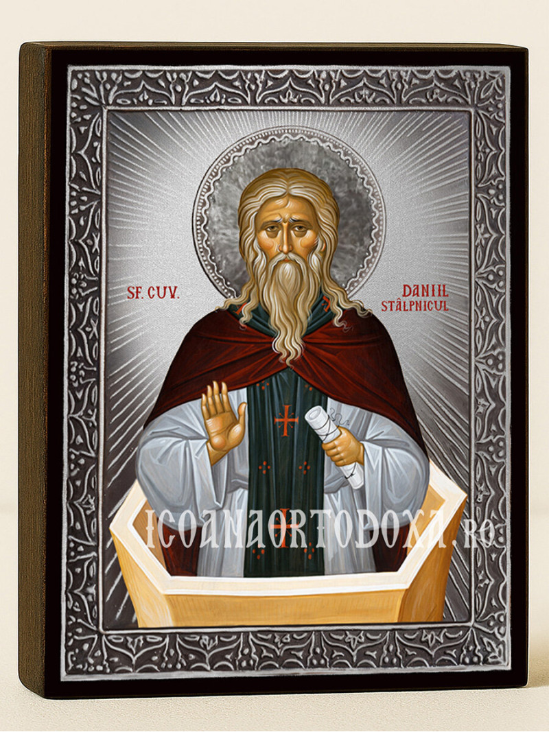 Icoană cu Sfântul Daniel Stâlpnicul cu raze argintii decorative
