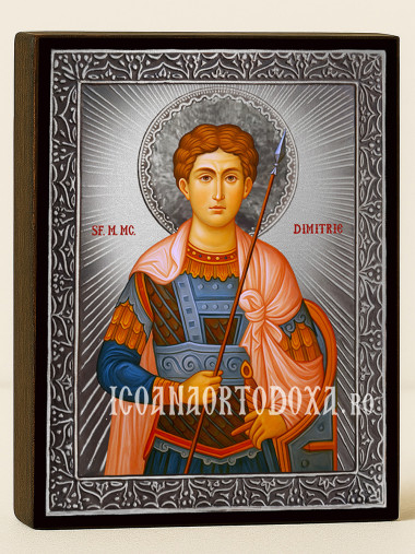 Icoană cu Sfântul Dimitrie cu raze argintii decorative