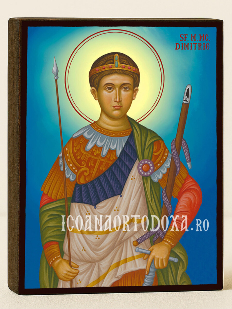 Icoană cu Sfântul Dimitrie cu fundal ceresc