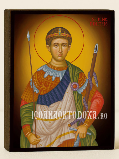 Icoană cu Sfântul Dimitrie cu fundal galben luminos