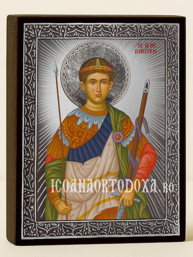 Icoană cu Sfântul Dimitrie cu raze argintii decorative