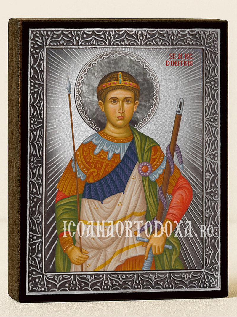 Icoană cu Sfântul Dimitrie cu raze argintii decorative