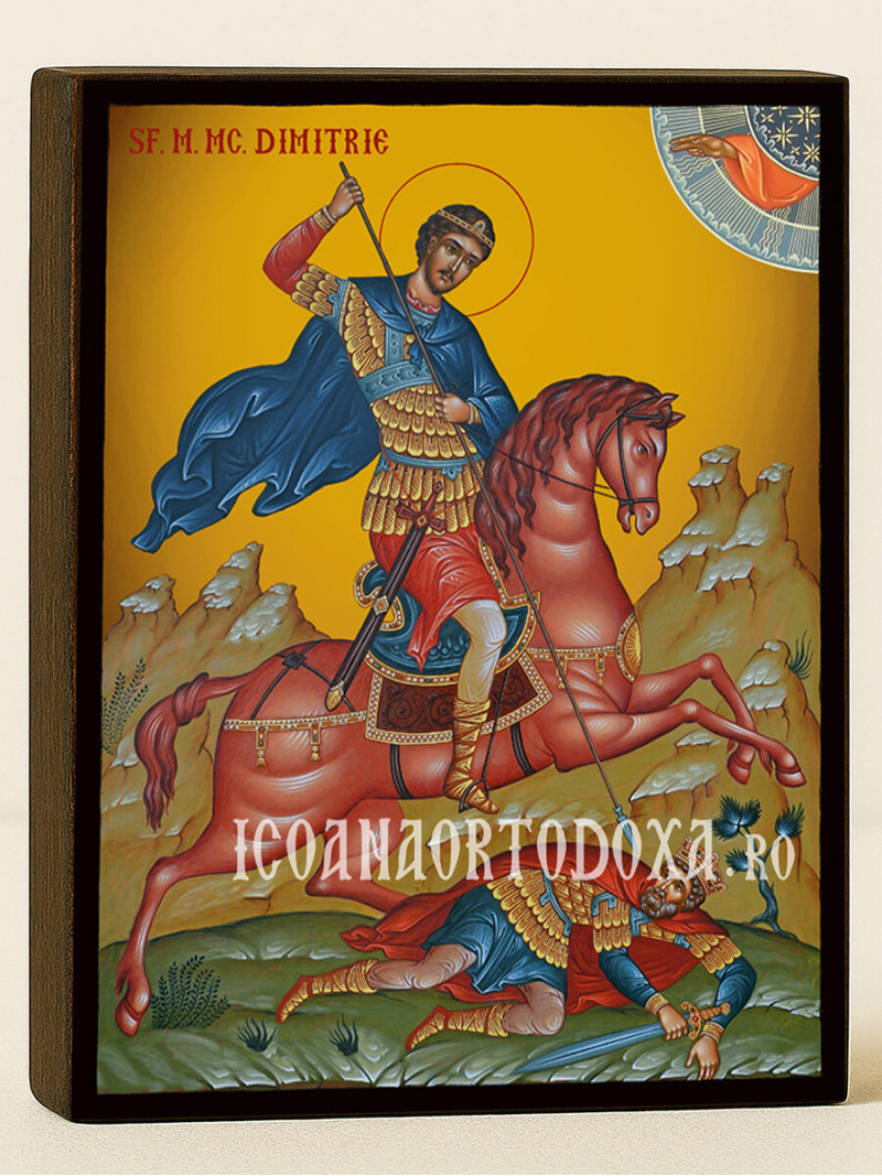 Icoană cu Sfântul Dimitrie pe cal cu fundal galben luminos