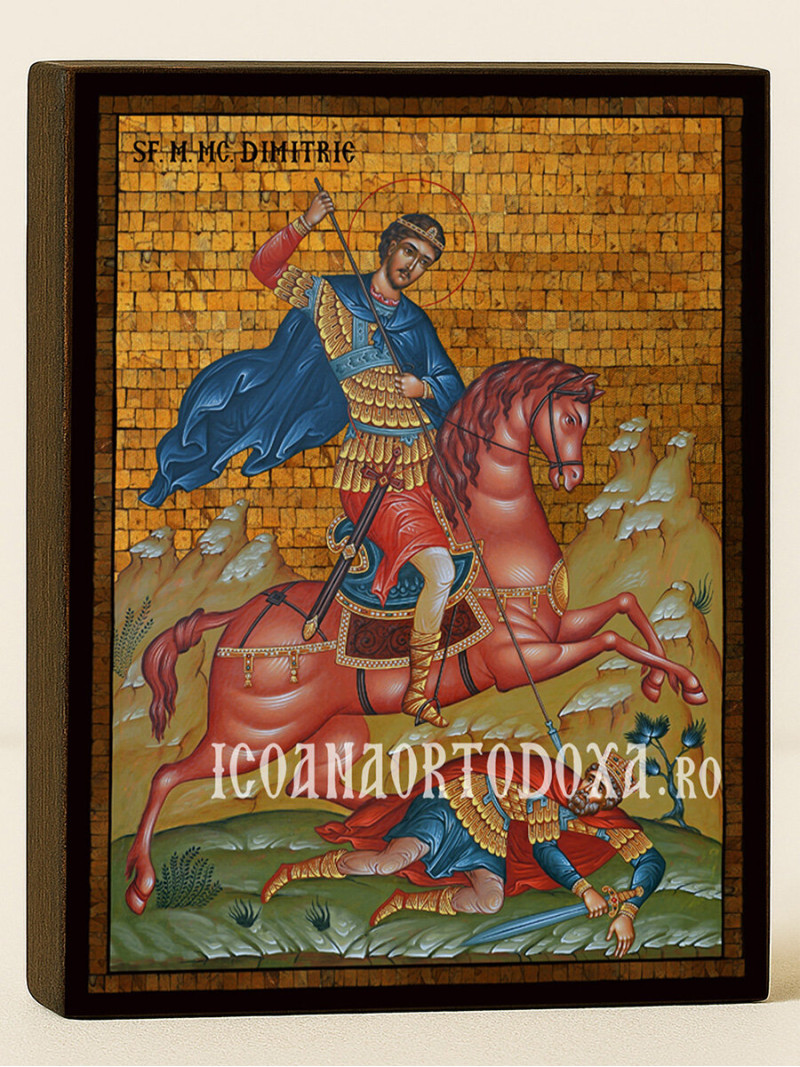Icoană cu Sfântul Dimitrie pe cal cu mozaic auriu decorativ