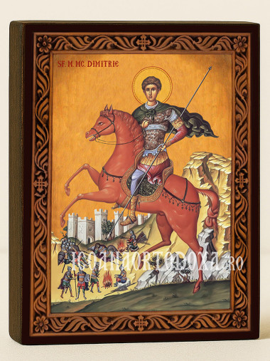 Icoană a Sfântului Dimitrie călare – cu ramă decorativă