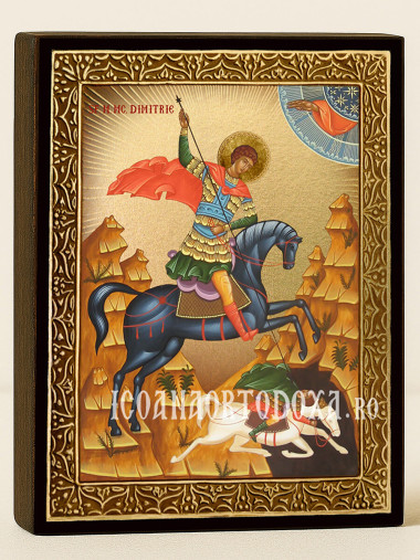 Icoană cu Sfântul Dimitrie pe cal cu raze aurii decorative