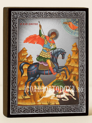 Icoană cu Sfântul Dimitrie pe cal cu raze argintii decorative