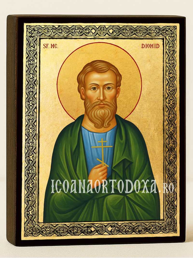 Icoană aurită cu Sfântul Diomid și ramă decorativă