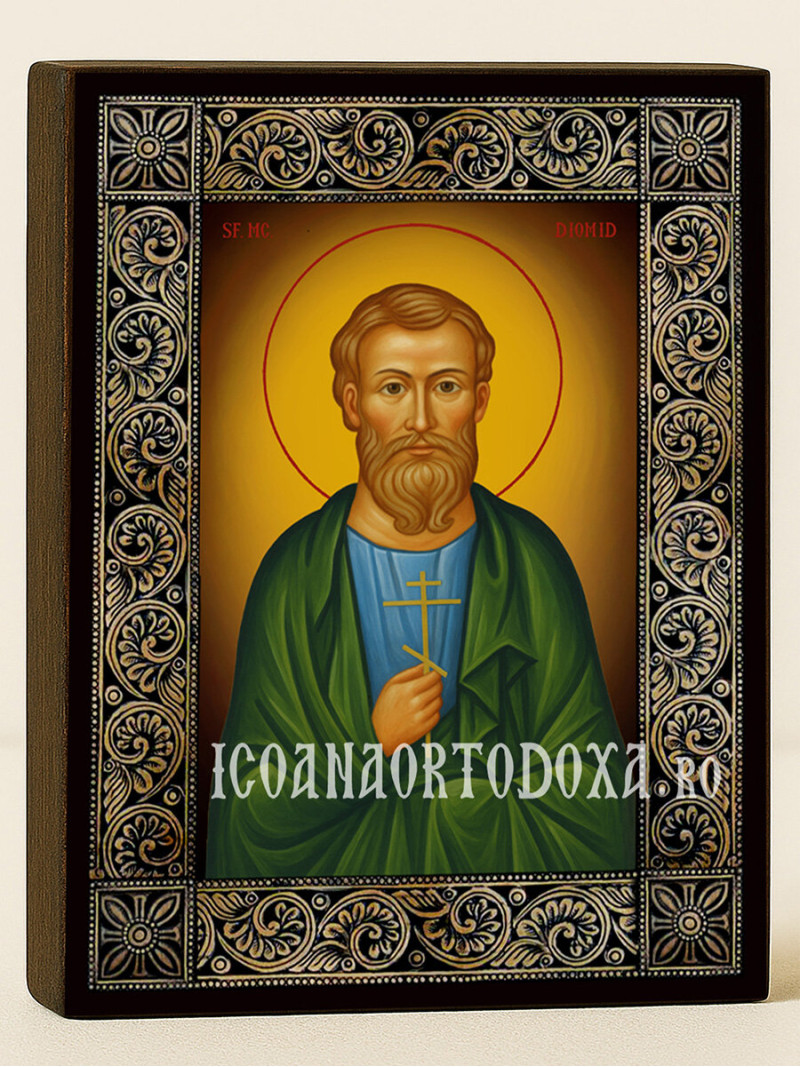 Icoană cu Sfântul Diomid cu ramă florală decorativă