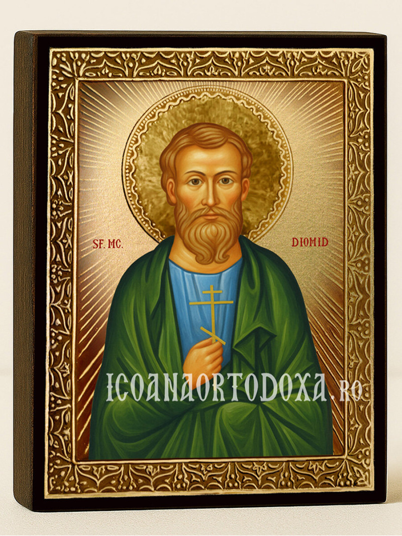 Icoană cu Sfântul Diomid cu raze aurii decorative
