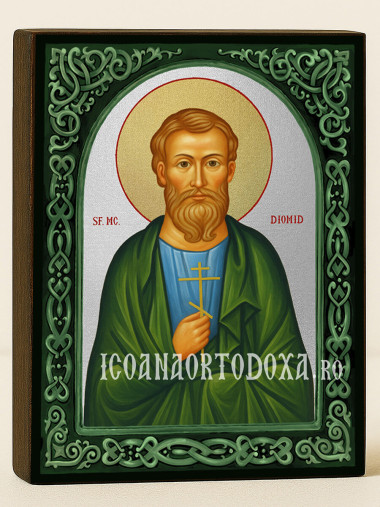 Icoană cu Sfântul Diomid cu arc floral verde și fundal argintiu