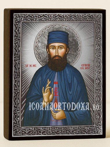 Icoană cu Sfântul Efrem cel Nou cu raze argintii decorative