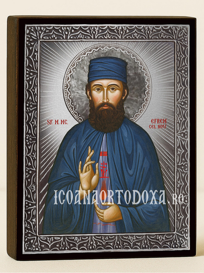 Icoană cu Sfântul Efrem cel Nou cu raze argintii decorative