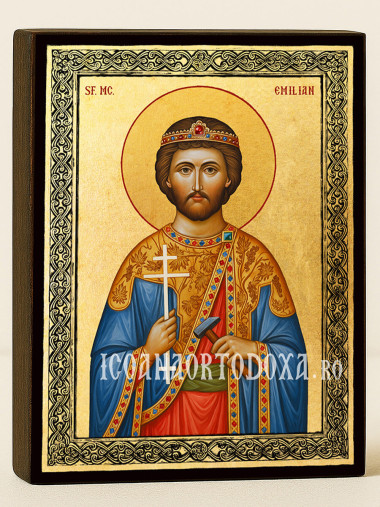 Icoană aurită cu Sfântul Emilian și ramă decorativă