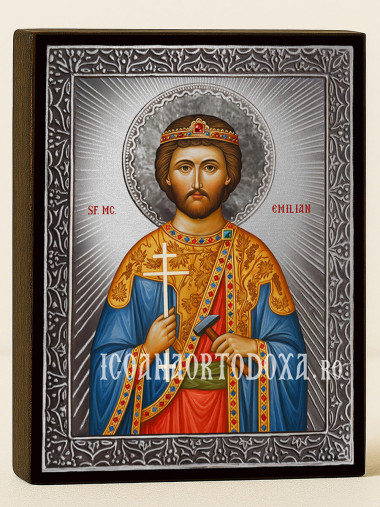 Icoană cu Sfântul Emilian cu raze argintii decorative