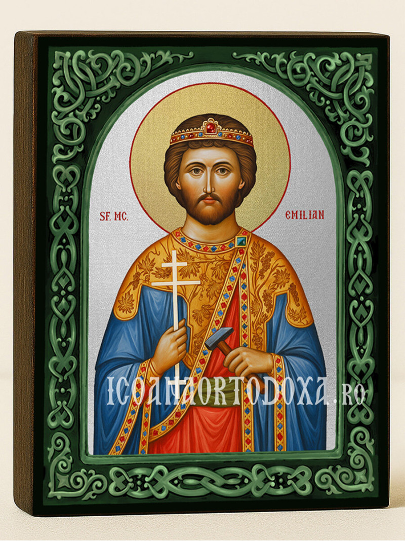 Icoană cu Sfântul Emilian cu arc floral verde și fundal argintiu