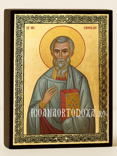 Icoană aurită cu Sfântul Ermolae și ramă decorativă