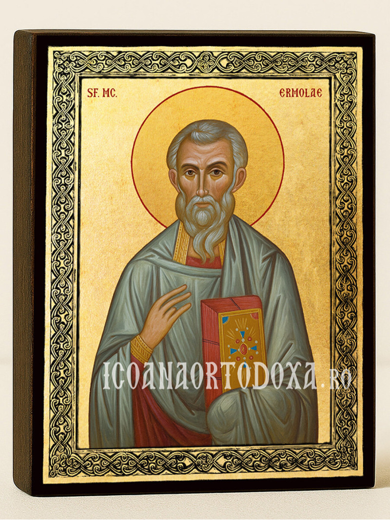 Icoană aurită cu Sfântul Ermolae și ramă decorativă