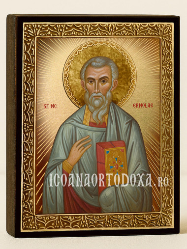 Icoană cu Sfântul Ermolae cu raze aurii decorative