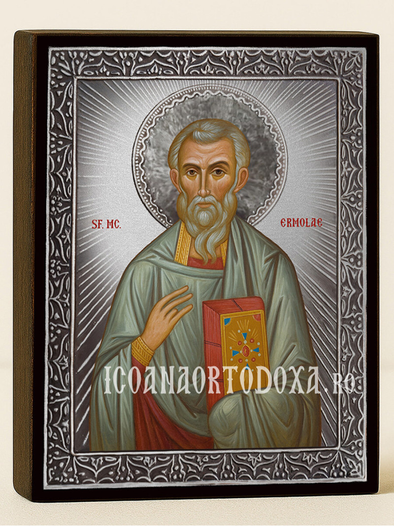 Icoană cu Sfântul Ermolae cu raze argintii decorative