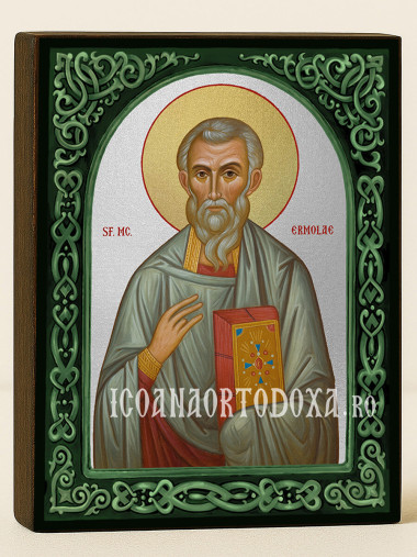 Icoană cu Sfântul Ermolae cu arc floral verde și fundal argintiu