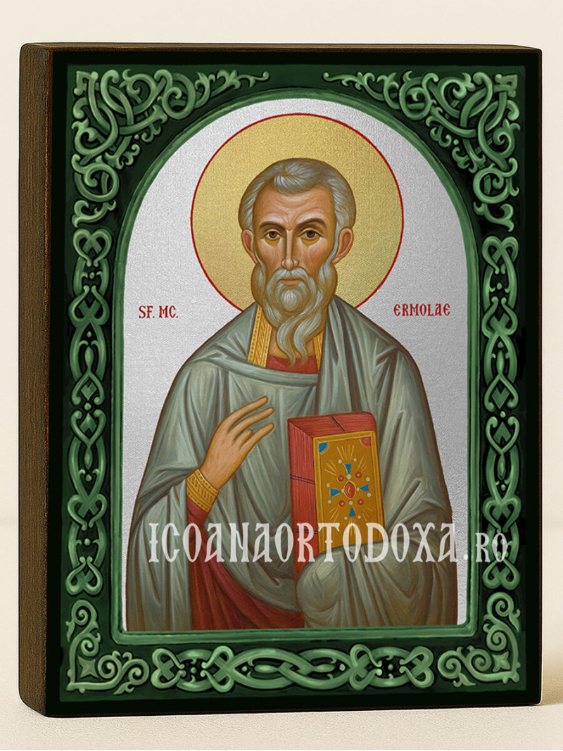 Icoană cu Sfântul Ermolae cu arc floral verde și fundal argintiu