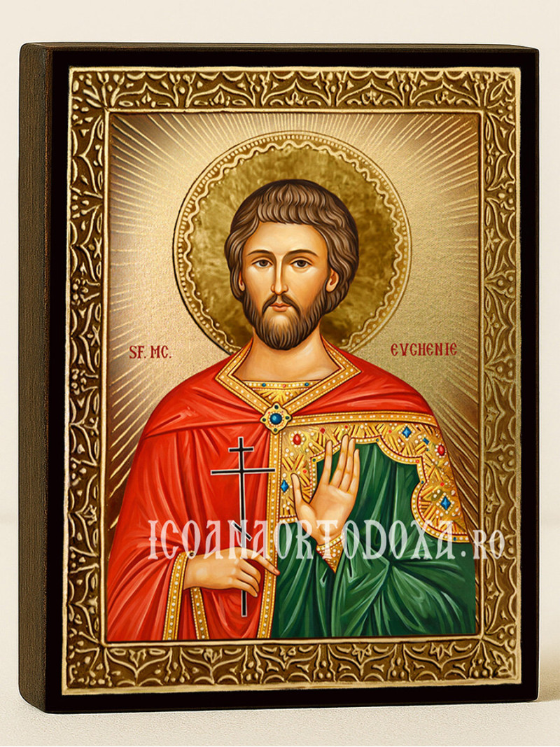 Icoană cu Sfântul Evghenie cu raze aurii decorative