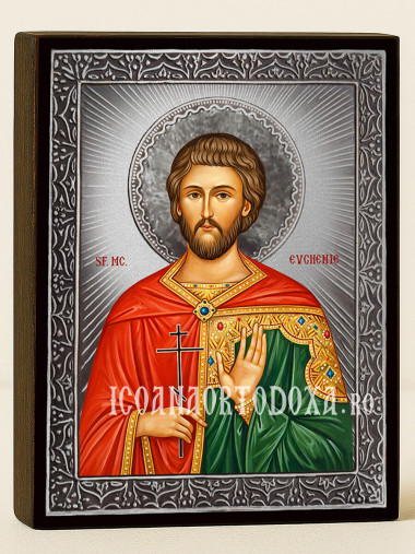 Icoană cu Sfântul Evghenie cu raze argintii decorative