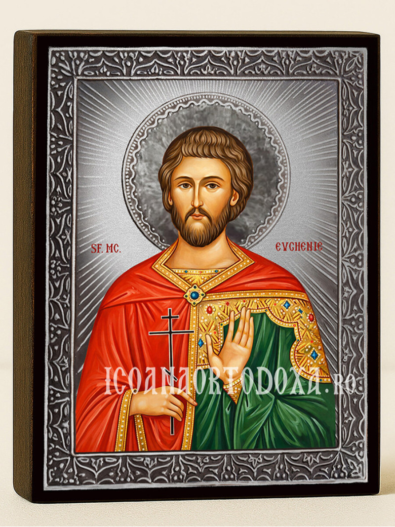 Icoană cu Sfântul Evghenie cu raze argintii decorative