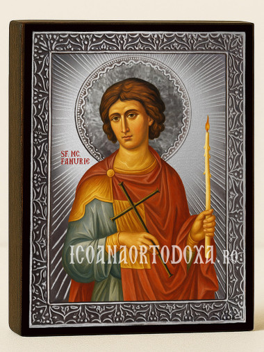 Icoană cu Sfântul Fanurie cu raze argintii decorative