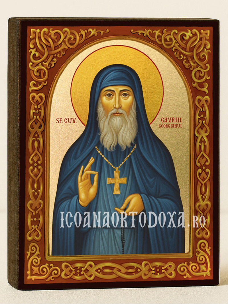 Icoană cu Sfântul Gavriil Atonitul cu arc floral pe fundal auriu