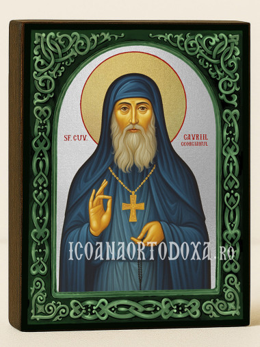 Icoană cu Sfântul Gavriil Atonitul cu arc floral verde și fundal argintiu