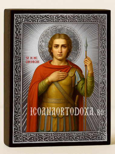 Icoană cu Sfântul Gheorghe cu raze argintii decorative