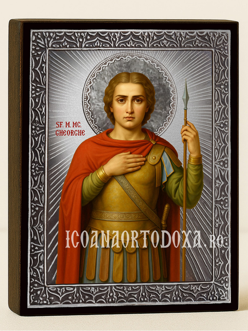 Icoană cu Sfântul Gheorghe cu raze argintii decorative