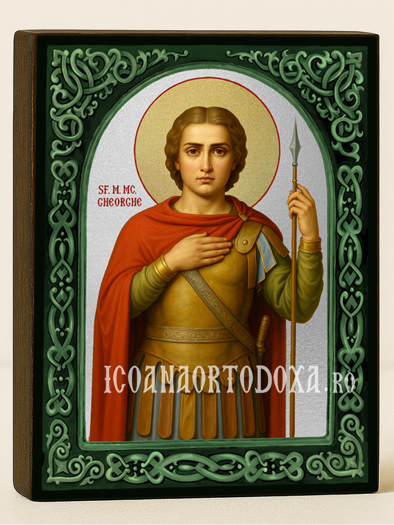 Icoană cu Sfântul Gheorghe cu arcadă florală verde