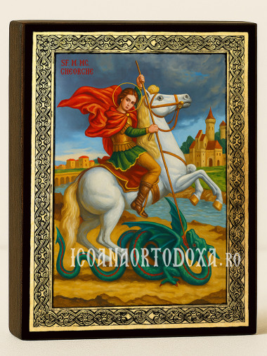 Icoană cu Sfântul Gheorghe călare pe cal, cu ramă decorativă aurită