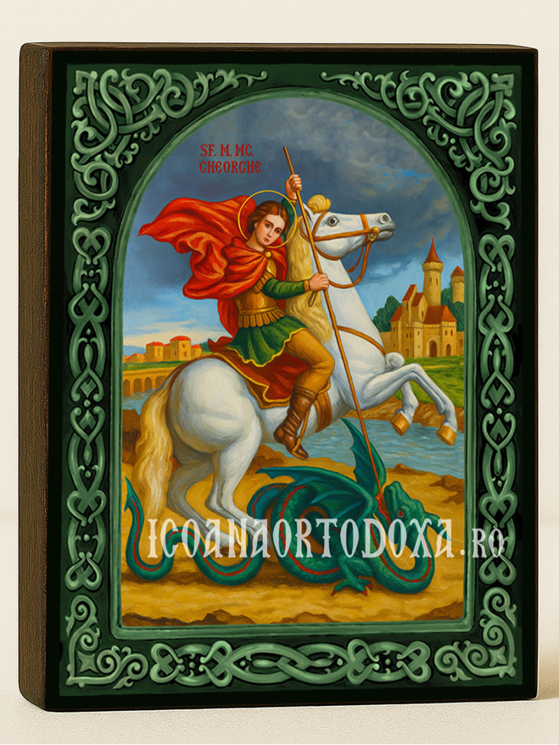 Icoană cu Sfântul Gheorghe călare pe cal, cu arcadă florală verde